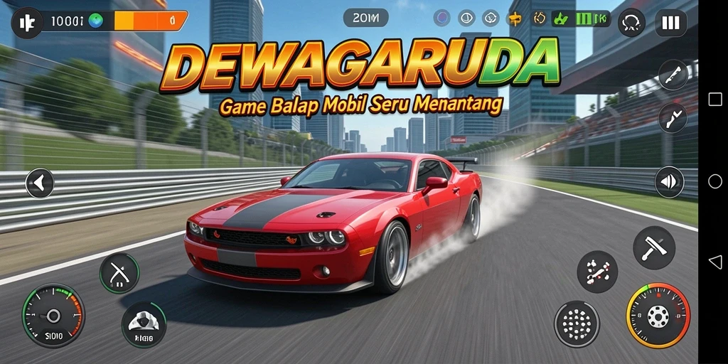 Tampilan gameplay menegangkan dari DEWAGARUDA dengan mobil balap di trek.