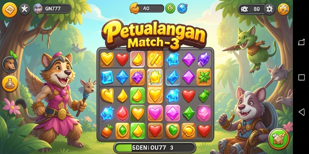 Screenshot gameplay GN777 menampilkan aksi mengagumkan dalam mencocokkan permata.
