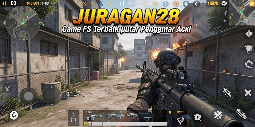 Screenshot menunjukkan aksi intens dalam permainan FPS JURAGAN28.