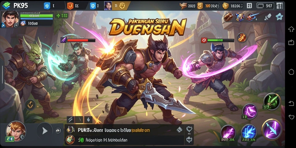 Screenshot gameplay intens PK95 menunjukkan aksi pertempuran MOBA yang mendebarkan.