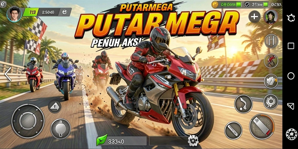 Gameplay seru PUTARMEGA dalam balapan motor yang mendebarkan.
