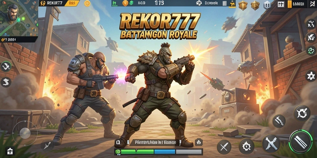 Tangkapan layar gameplay seru REKOR777 yang menunjukkan pertarungan Battle Royale.