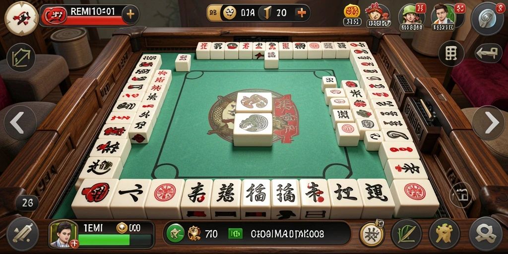 Screenshot utama REMI101 menunjukkan suasana permainan Mahjong yang menarik.