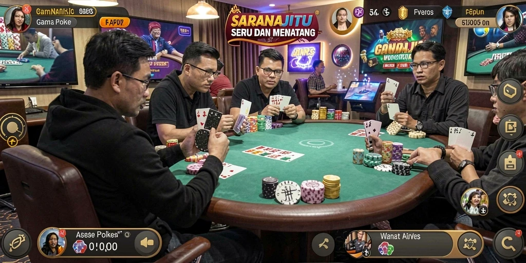 Tampilan utama gameplay SARANAJITU dengan suasana meja Poker.