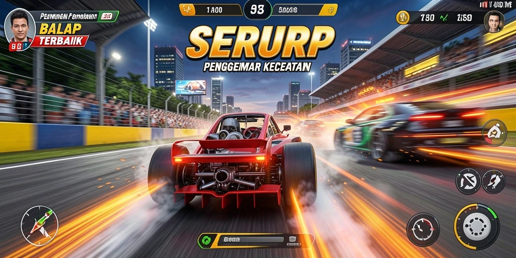 Tangkapan layar gameplay SERURP yang menunjukkan balapan seru dan dramatis.