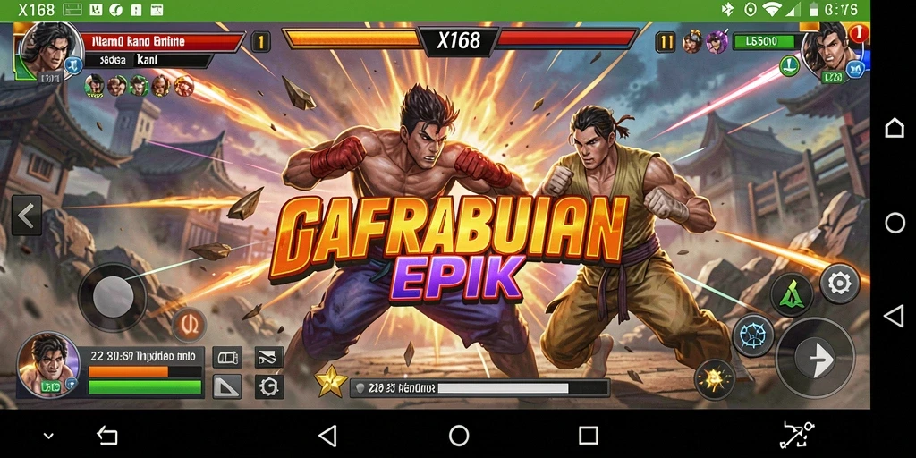 Tampilan gameplay seru X168 dengan karakter bertarung di arena.